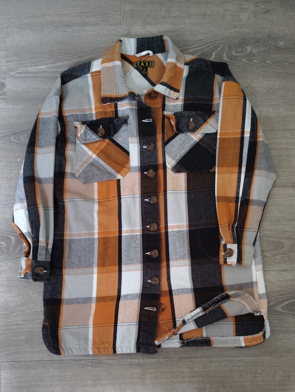 Womans  Vintage Taxi Button-Up Lumberjack Shirt - Orange & Gray